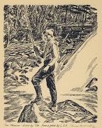 Tom Thomson fly fishing at Tea Lake Dam by Thoreau MacDonald